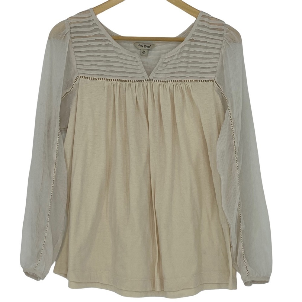 Lucky Brand cream LS sheer sleeve top, M
